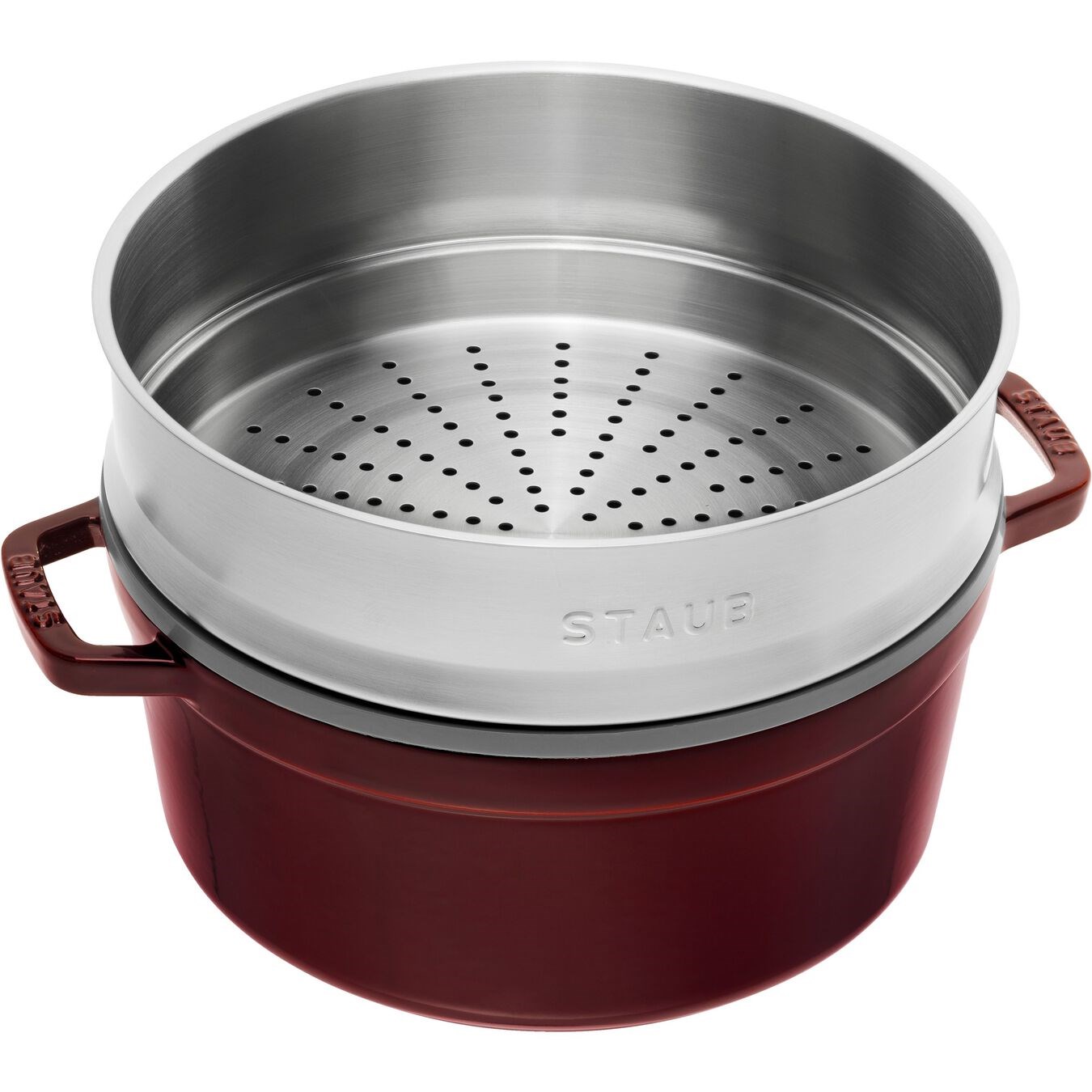 Hrnec STAUB kulatý 26 cm vínový s pařákem_0