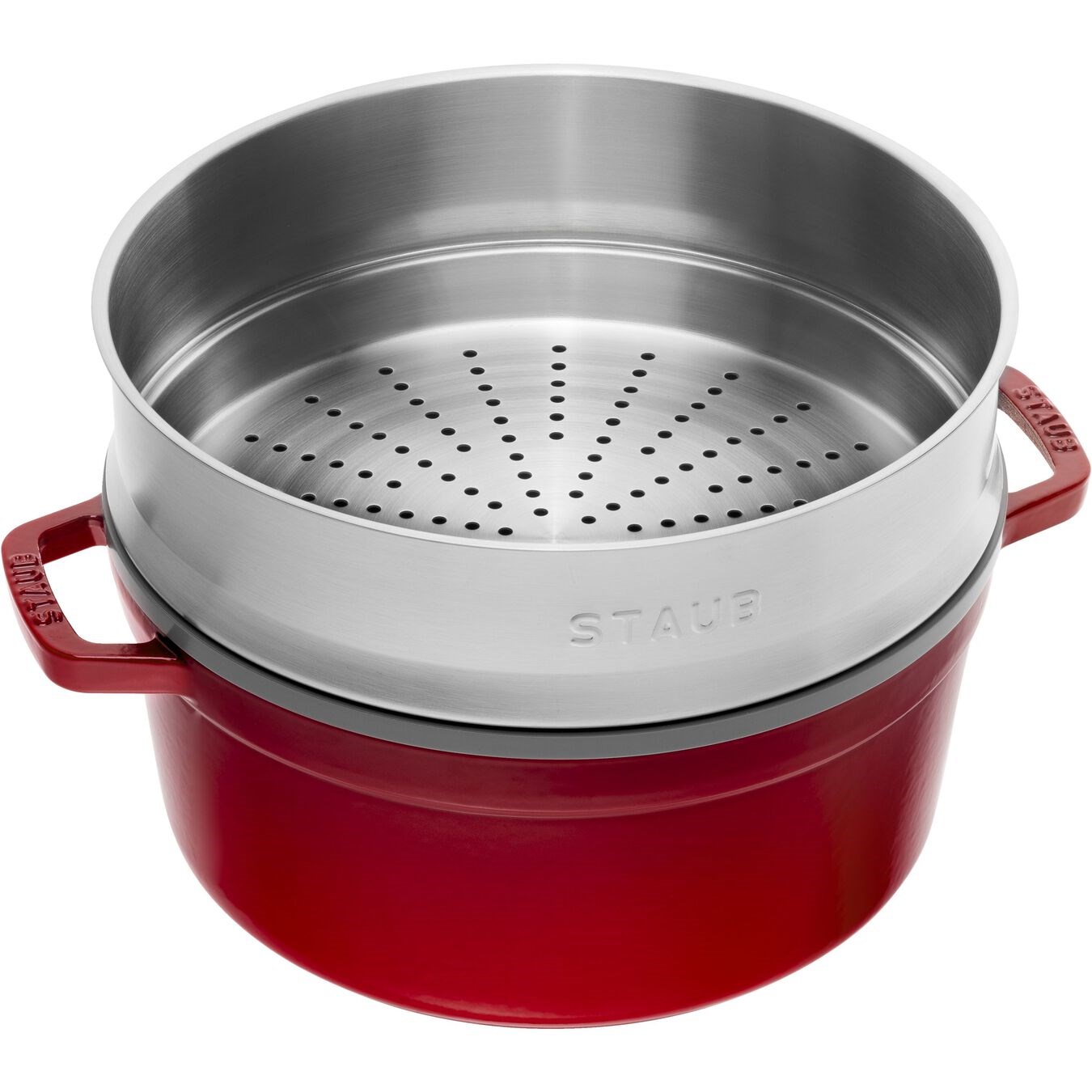 Hrnec STAUB kulatý 26 cm červený s pařákem_0