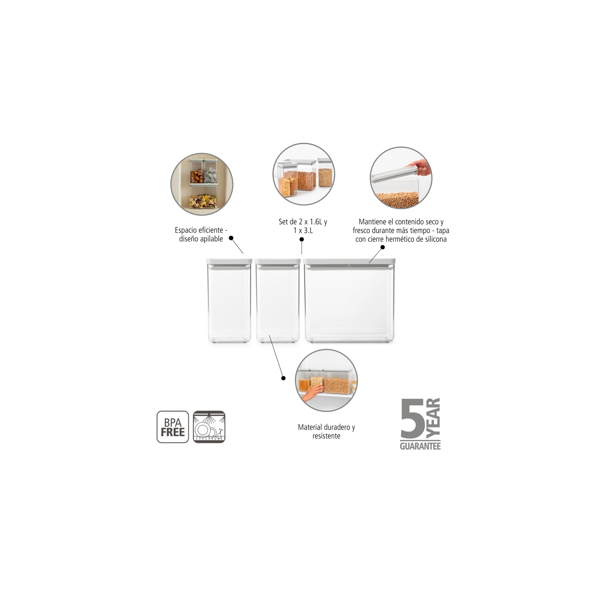 Sada plastových dóz Brabantia SQUARE-2x1,6l/1x3,5l SET/3ks světle šedé_4