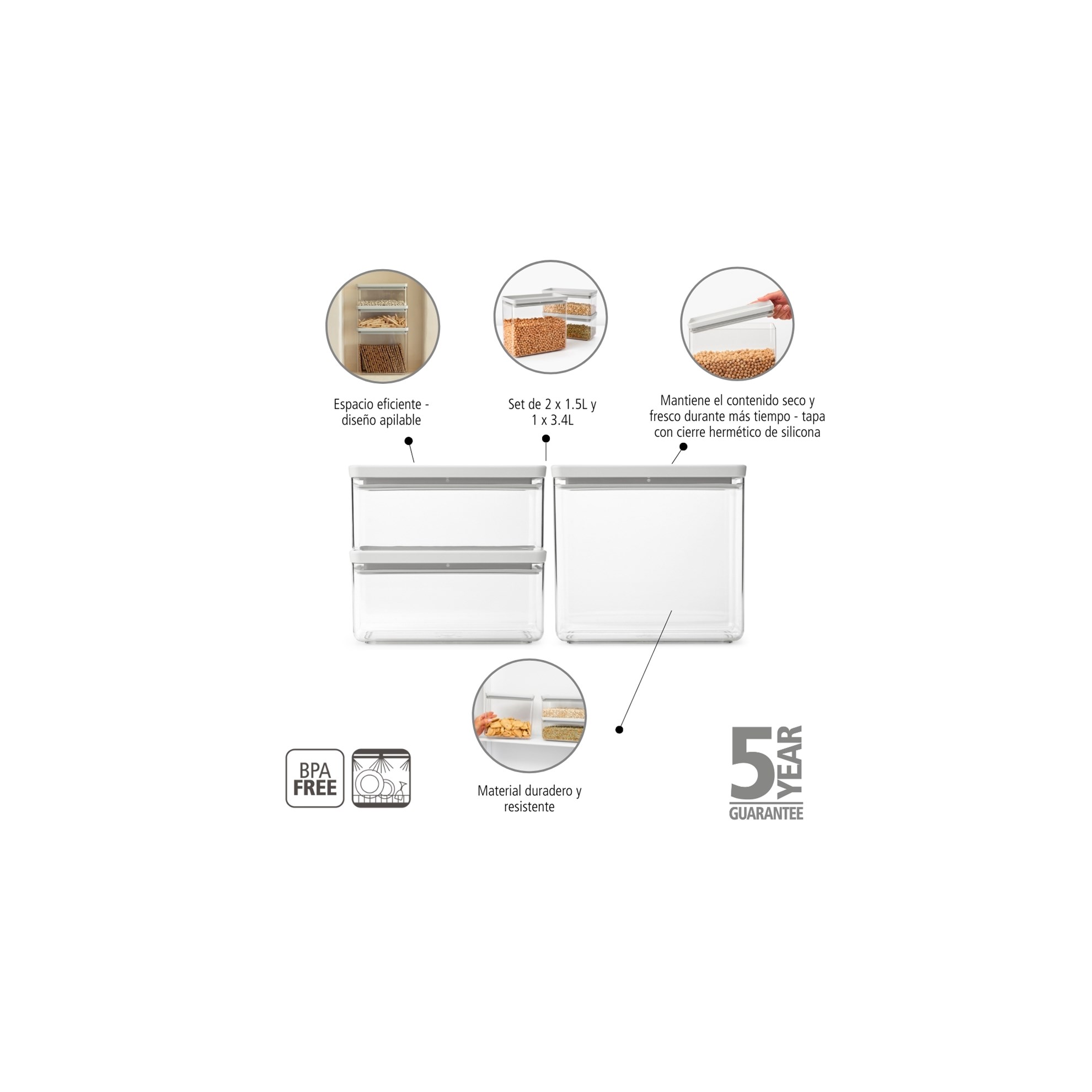 Sada plastových dóz Brabantia SQUARE-2x1,5l/1x3,4l SET/3ks světle šedé_4