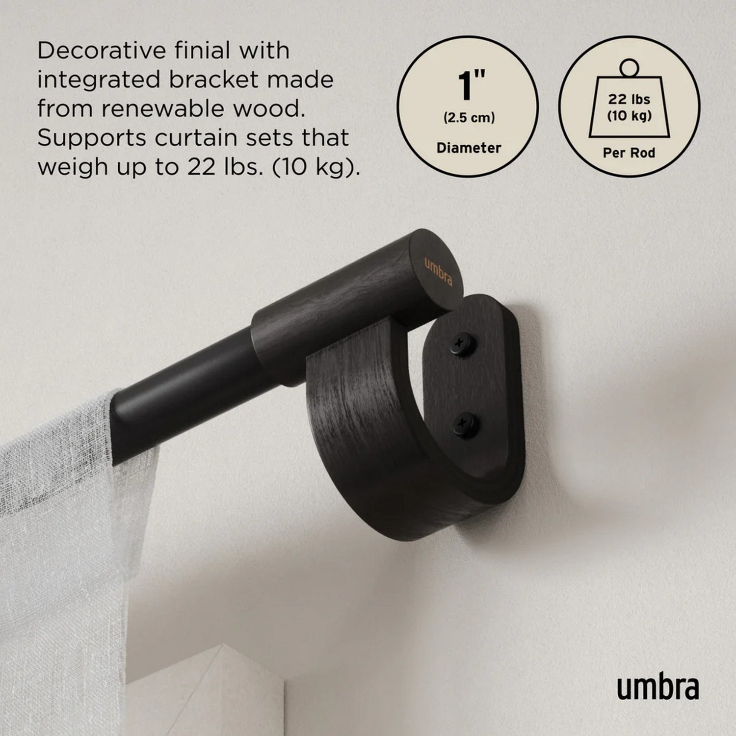 Garnýž Umbra BELLWOOD s dřevěnými koncovkami 107-305 cm černá matná_2
